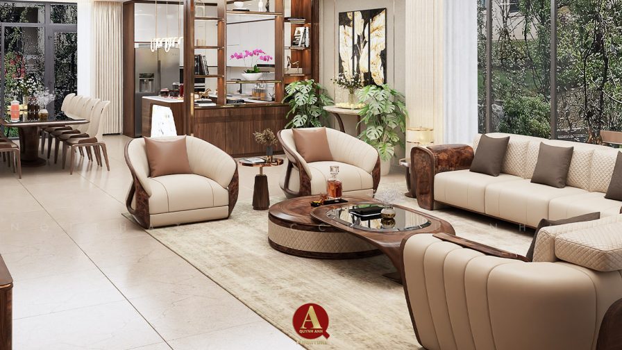 Đẳng cấp được khắc họa qua từng chi tiết nội thất phòng khách gỗ óc chó