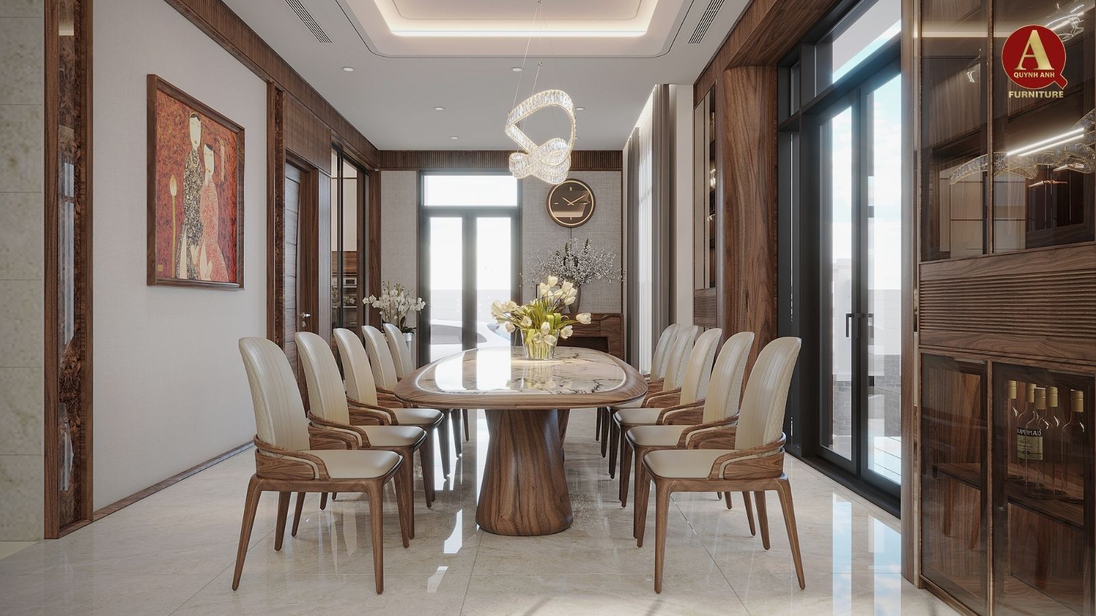 Thiết kế nội thất gỗ óc chó phòng bếp theo phong thuỷ
