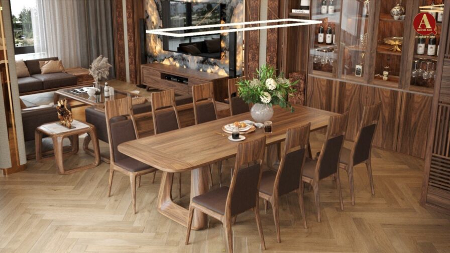 Bàn ăn gỗ óc chó – Tâm điểm kết nối trong không gian bếp hiện đại
