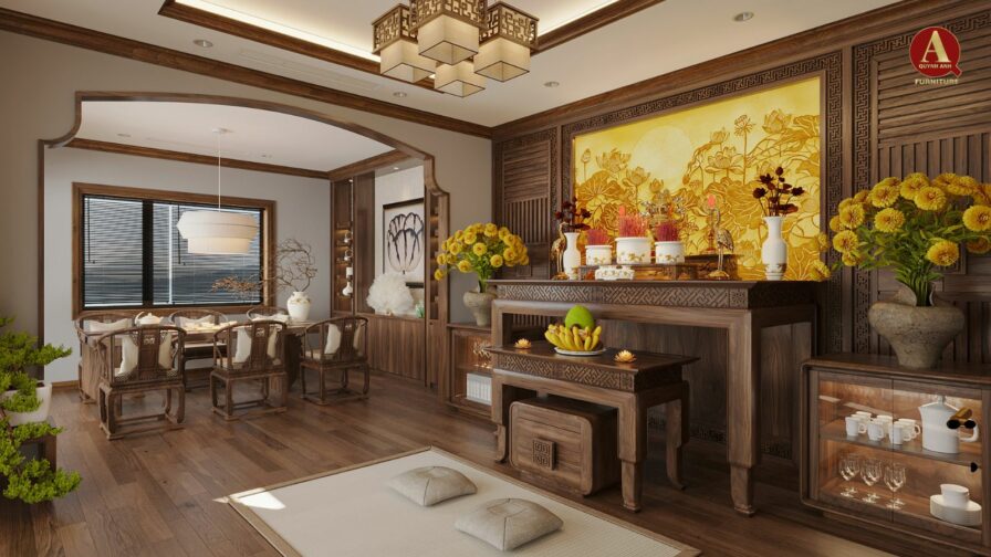 Thiết kế phòng thờ và phòng bếp gỗ óc chó – Sự cân bằng giữa tĩnh và động trong không gian sống cao cấp